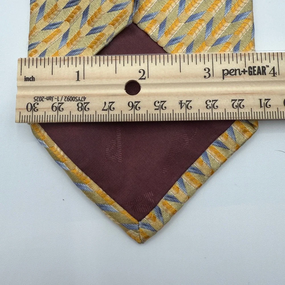 XMI Platinum Mens Silk Tie Yellow Blue Geometric Pattern Hand Made‎ In USA